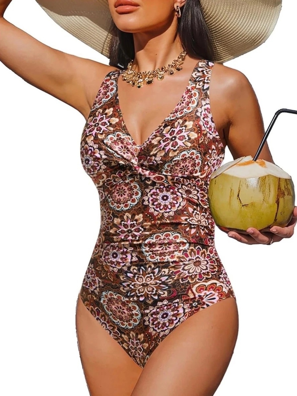 HOLIPICK Twist-Front Floral One-Piece Swimsuit - Brown and Pink SIZE Medium NWT